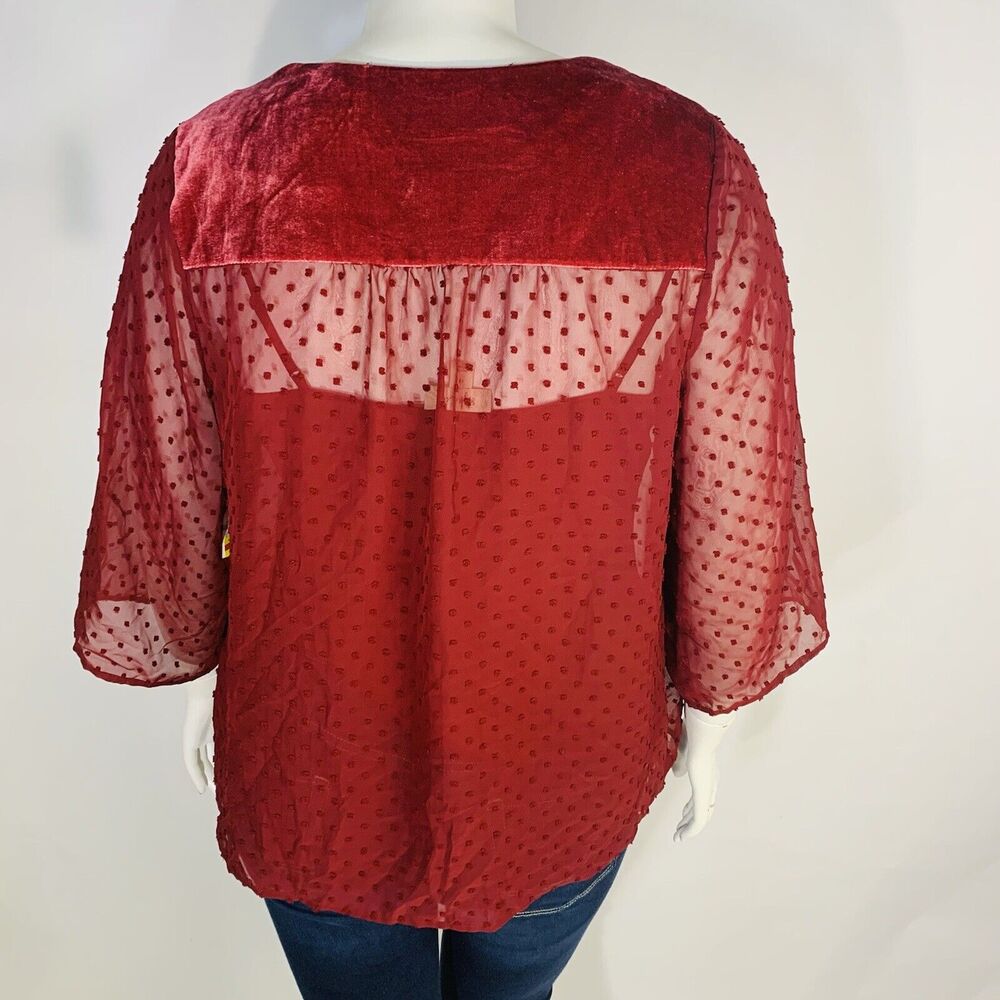 New Style & Co Womans Sz 3X Blouse Lace Sleeve Eyelet Wine Red Sheer NWT - Picture 6 of 9